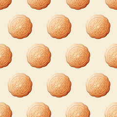 Seamless pattern of moon cakes on light yellow background. Mid-autumn festival illustration for wallpaper, fabrics, textiles, prints, wrappers, curtain.  