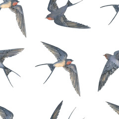 Watercolor flying swallow bird seamless pattern