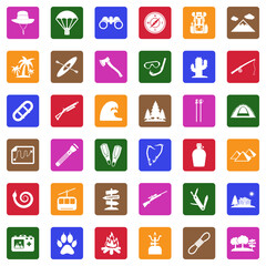 Adventure Icons. White Flat Design In Square. Vector Illustration.