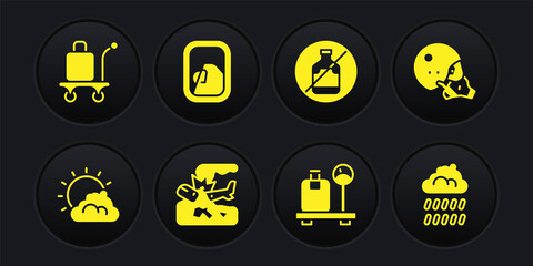 Set Sun and cloud weather, Modern pilot helmet, Plane crash, Scale with suitcase, No alcohol, Airplane window, Cloud rain and Trolley baggage icon. Vector