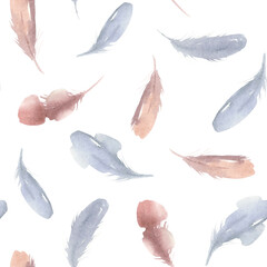 Watercolor pastel abstract  pink and blue feathers seamless pattern