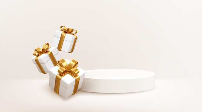 3d style Product podium scene with flying falling white gift box with gold bow. Merry Christmas and New Year festive banner design, greeting card. Vector illustration