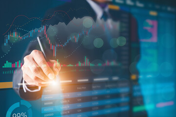 Money businessman touch virtual screen screen displaying a cryptocurrency featuring stock tickers or graphs. Stock trading platform concept. professional financial. Stock market data candlesticks.