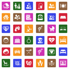 Family Life Icons. White Flat Design In Square. Vector Illustration.