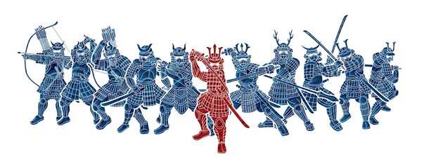Group of Samurai Warrior Ronin with Weapon and Armor Action Ready to Fight Cartoon Graphic Vector © sila5775