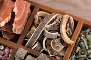 Chinese medicine Magnolia officinalis in a wooden herbal box