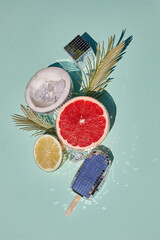 Disco balls as extic fruits. Creative conceptual background. Top view. Flat lay,