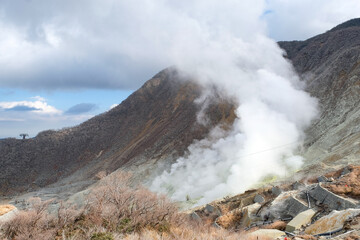 Beautiful view of Owakudani Hell Valley ,smoky inside Hakone Boiling steam in Kami Mountain ,Japan