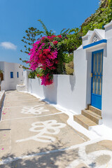 Traditional cycladitic   alley with a narrow street,  whitewashed  houses and a blooming bougainvillea in Lagada, Amorgos  Greece