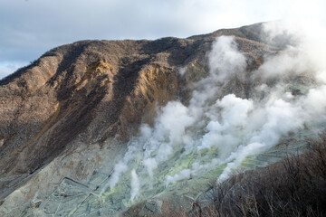 Close up white smoky at Owakudani Hell Valley , Hakone Boiling steam in Kami Mountain ,Japan