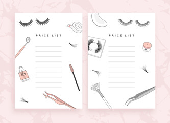 Beauty salon price list template with different eyelash extension tools. Vector illustration