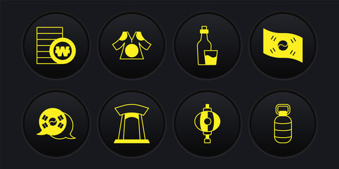 Set South Korea flag, Korean gate, lantern, Soju bottle, Kimono, and won coin icon. Vector