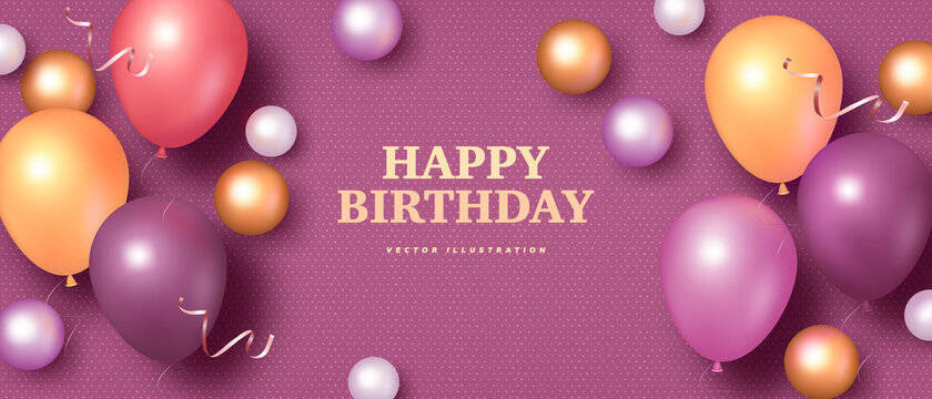 Vector birthday elegant greeting card or banner with realistic helium balloons on purple background