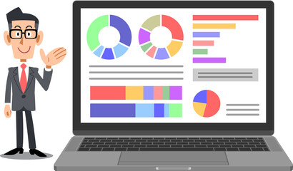 画面にデータが表示されたノートパソコンと案内するビジネスマン
