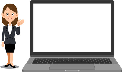 画面が空欄のノートパソコンと案内するビジネスウーマン
