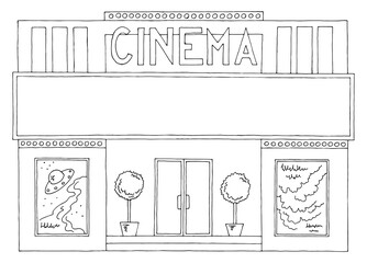 Cinema building exterior front view graphic black white isolated sketch illustration vector 