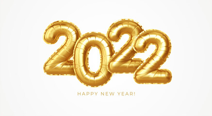 Happy new year 2022 metallic gold foil balloons on a white background. Golden helium balloons number 2022 New Year. Ve3ctor illustration