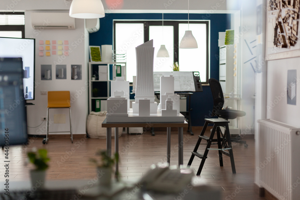 Aufkleber empty workplace for architectural business with equipment as board blueprint paper copybook notepad 