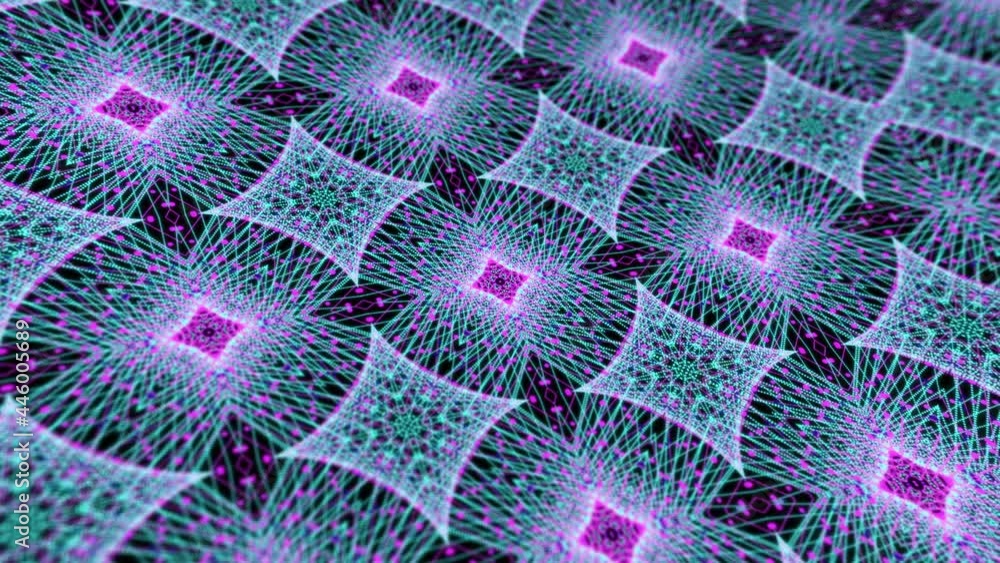 Fototapete abstract motion graphics with a digital mandala fractal seamless loop. glowing dots grid in multicol