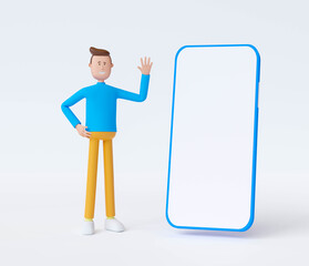 3d man standing next to a large white blank screen phone. for copypace. 3d Render illustration.