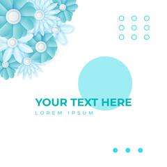 Social media post template with floral paper cut style element. Tosca vector banner design templates in simple modern style with copy space for text, flowers and leaves. Wedding invitation backgrounds