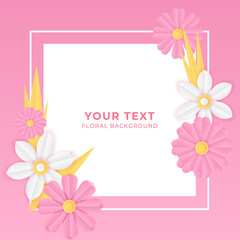 Social media post template with floral paper cut style element. Pink vector banner design templates in simple modern style with copy space for text, flowers and leaves. Wedding invitation backgrounds