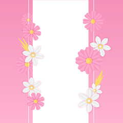 Social media post template with floral paper cut style element. Pink vector banner design templates in simple modern style with copy space for text, flowers and leaves. Wedding invitation backgrounds