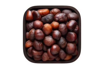 chestnut peeled roasted in square bowl isolated on white background. organic food, top view.