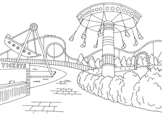 Amusement park landscape graphic black white sketch illustration vector  - obrazy, fototapety, plakaty