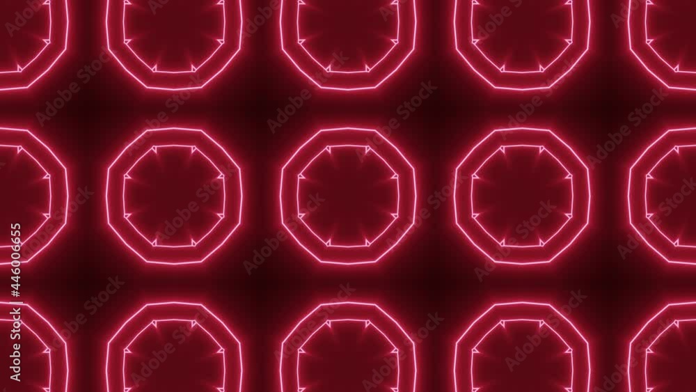 Poster symmetric mosaic pink neon pattern on a black background. seamless motion graphic backdrop with a mi