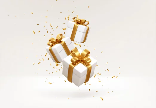Merry New Year and Merry Christmas 2022 white gift boxes with golden bows and gold sequins confetti on white background. Gift boxes flying and falling. Vector illustration