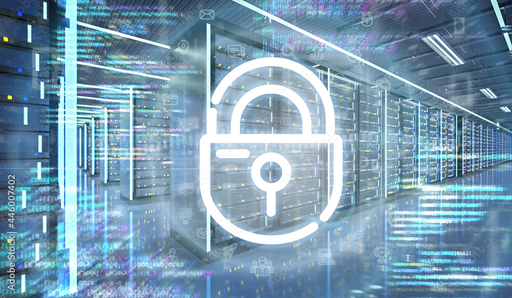 Poster digital locker icon in a server room data center - 3d rendering