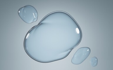 Water spill puddles isolated on blue background top view. Clear water drops, dews or liquid spots, texture wet surface realistic 3d Illustration, pure transparent aqua droplets different shapes