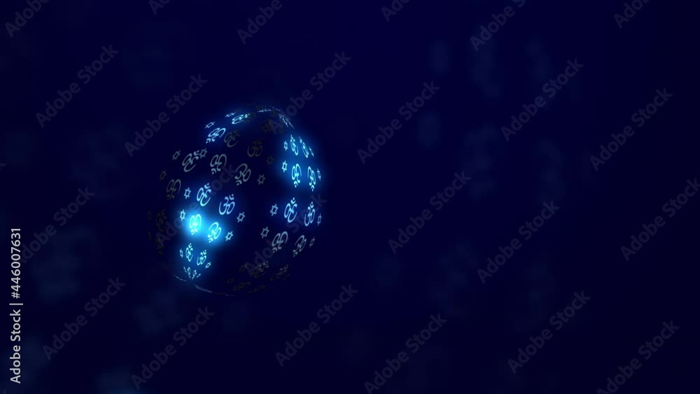 Aufkleber abstract sphere with illuminating emblems of various religion in a dark space. light elements move a