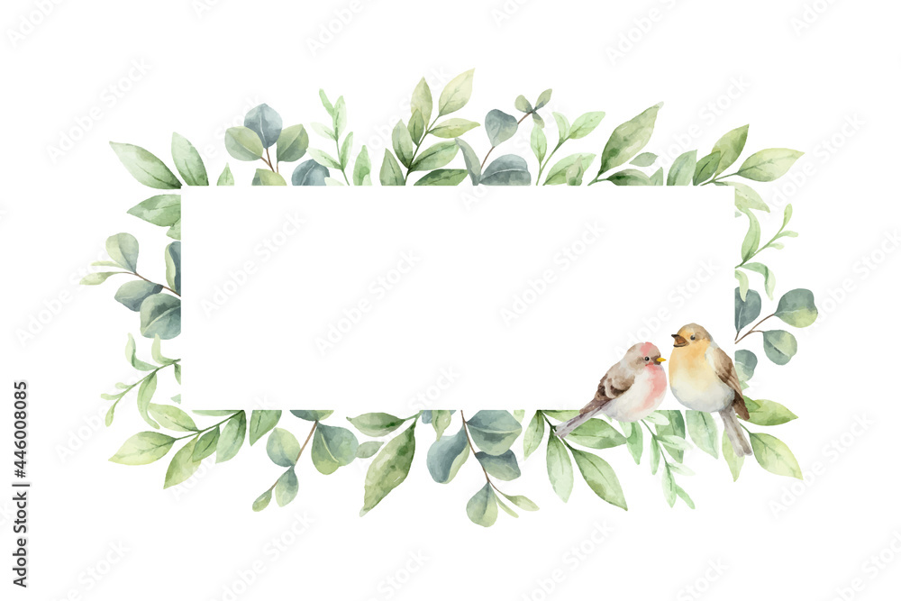 Wall mural Watercolor vector wreath with green branches and birds. - Wall murals