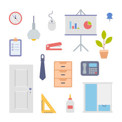 Office interior items icons set. Stand with business diagrams and boxes for documentation. Cabinet door with landline telephone and indoor flower. Computer mouse with stapler and lamp. Vector flat