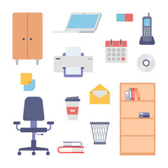 Office interior work items icon set. Filing cabinet and modern adjustable chair. Trash can with cup of coffee. Laptop and printer with paper. Open envelope with letter and desk calendar. Vector flat