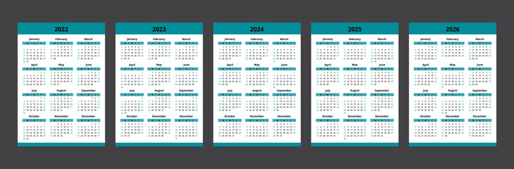 Calendar 2022, 2023, 2024, 2025, 2026. Colorful calendar template design. Week start on Sunday.