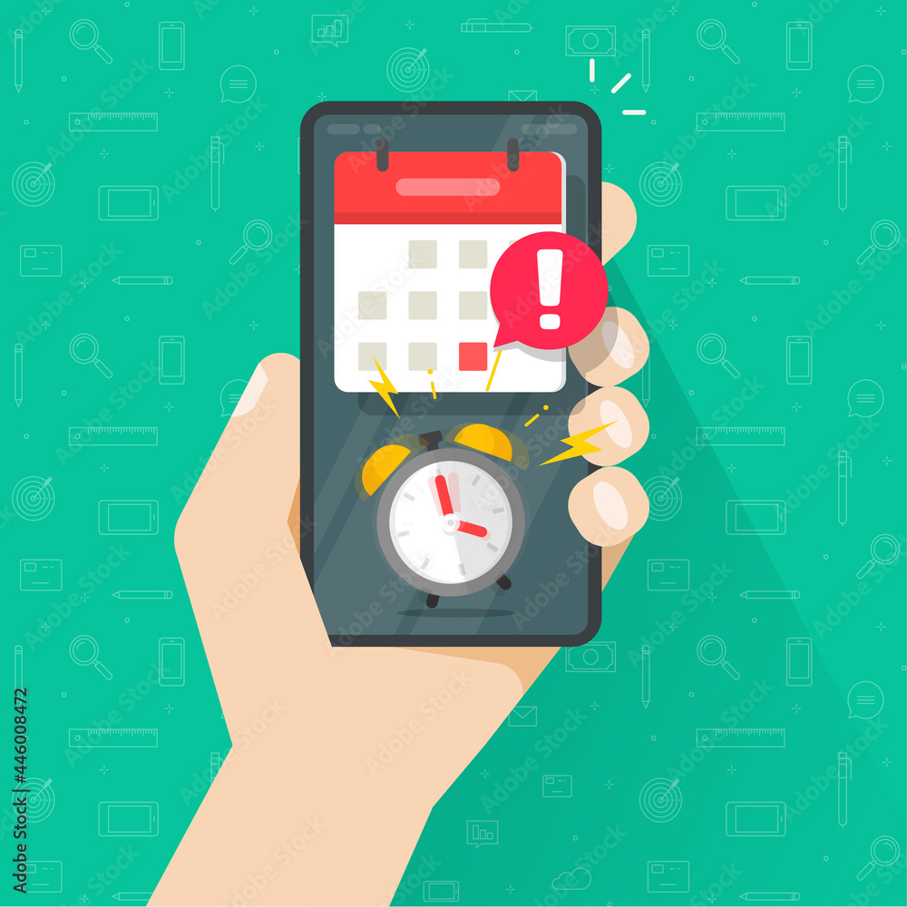 Poster important due date deadline online app notification notice in person hand with mobile phone reminder