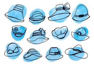Women's hats. A set of illustrations. The illustration is drawn with a contour line on a watercolor spot. 