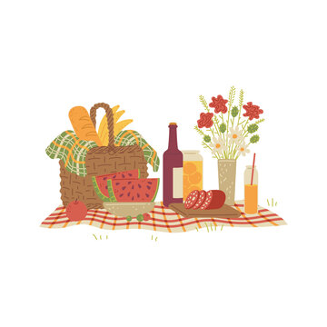 Picnic still life with food on tablecloth, flat vector illustration isolated.