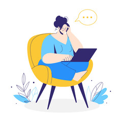 Woman customer with laptop call by phone to call center. Online shopping. Character buyer is talking to a consultant. Flat vector illustration isolated on white background