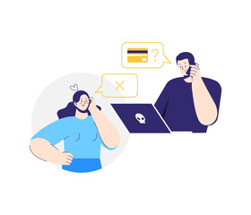 Online crime. A man pretending to be a bank clerk. A fraudster calls to woman on the phone and asks for banking information. Woman stops a swindler. Flat illustration isolated on white background