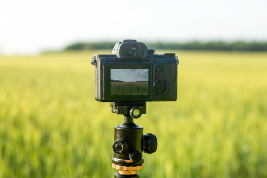 A camera with a lens on a tripod, ready for taking photos or videos in nature. Photographing and filming of landscapes, wildlife.
