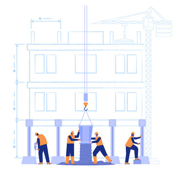 Construction site concept. Builders pour concrete, assemble metal structures, drill and build house. Crane, engineering works and plan of future building. Vector illustration scene with characters