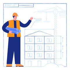 Architect holds construction drawing. Construction crane near future multi-storey building. Engineer designs house on blueprint with measurements. Real estate. Vector illustration scene with character
