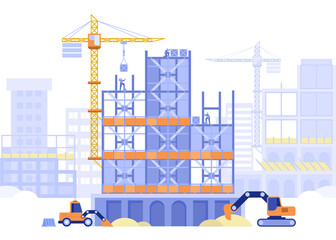 Construction site concept. Builders working on building of multi-storey house or skyscraper. Special machinery excavators dig, cranes load blocks. Vector illustration scene with tiny characters