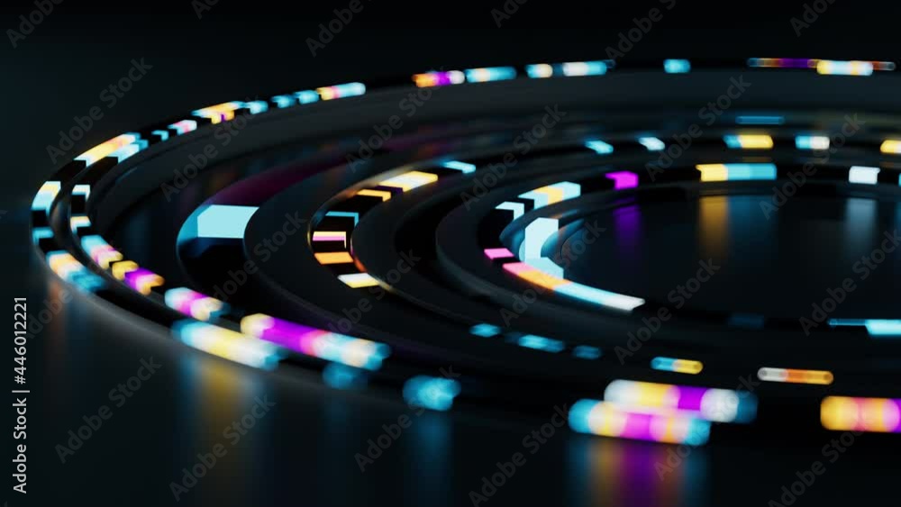 Poster 3d render of colorful rings imitates the artificial intelligence deep learning process. glowing abst
