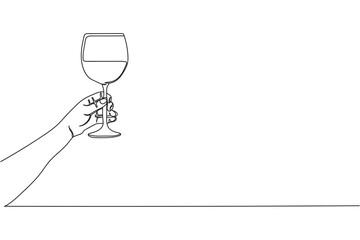 Continuous one line of hand holding glass of wine happy new year in silhouette on a white background. Linear stylized.Minimalist.