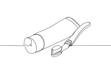 Continuous one line of toothbrush and tube of toothpaste in silhouette on a white background. Linear stylized.Minimalist.